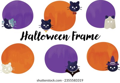 Watercolor-style cat and Halloween frame with speech bubble set
