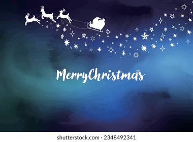 Watercolor-style Christmas background illustration with reindeer and Santa Claus running through stars.
