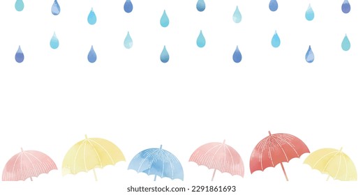 Watercolor-style colorful umbrella background illustration on a rainy day