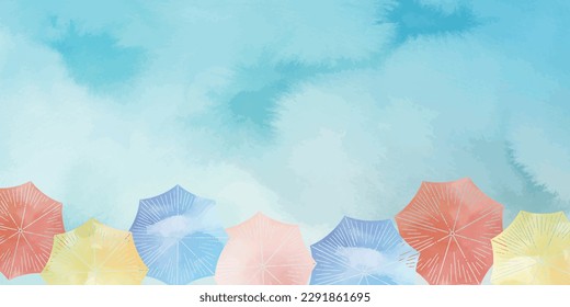 Watercolor-style colorful umbrella background illustration on a rainy day_flat lay