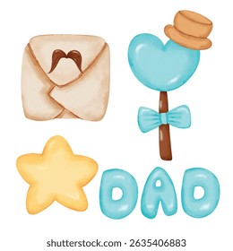 A watercolor-style Father's Day graphic resource featuring mustache letters, love sticks, stars, and dad writing