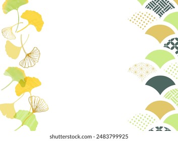 Watercolor-style ginkgo biloba and traditional Japanese pattern frame illustration
