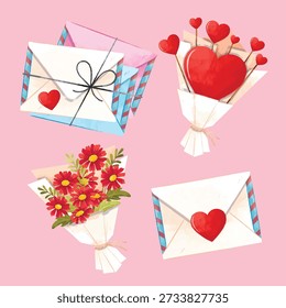 Gráficos de estilo acuarela con buzones, sobres y ramos de flores para diseños románticos de San Valentín.