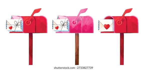 Gráficos de estilo acuarela con buzones, sobres y ramos de flores para diseños románticos de San Valentín.