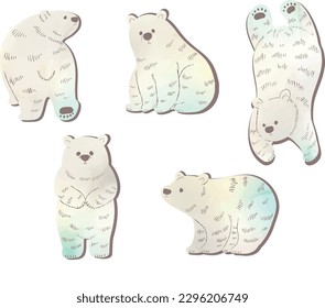 Watercolor-style hand-drawn illustration set of a white bear
