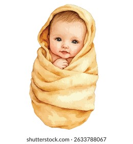 A watercolor-style illustration of a baby nestled securely in a soft, pale yellow hooded blanket. The baby's gaze is direct and peaceful.