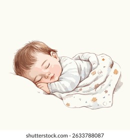 A watercolor-style illustration of a baby peacefully sleeping on its side, nestled under a patterned blanket.