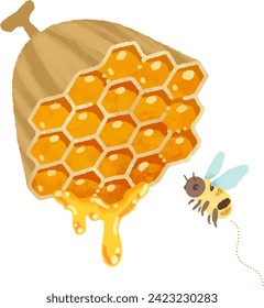 Watercolor-style illustration of beehive and bees
