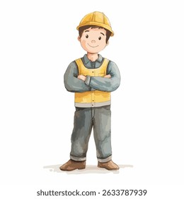 A watercolor-style illustration of a construction worker standing with arms crossed, wearing a yellow vest and hard hat.