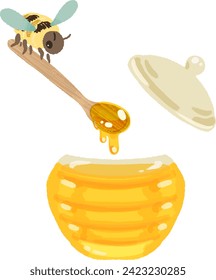 Watercolor-style illustration of honey jar and bees
