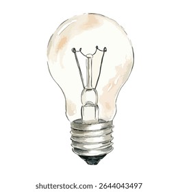 A watercolor-style illustration of a lightbulb, showcasing the filament within the clear glass and the metallic base with detailed ridges.