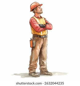 A watercolor-style illustration of a male construction worker, arms crossed, wearing a hard hat and safety vest, gazing upward.