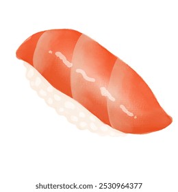 Watercolor-style illustration of a salmon sushi nigiri, highlighting its vibrant and fresh appearance. Perfect for culinary or Japanese cuisine themed projects.