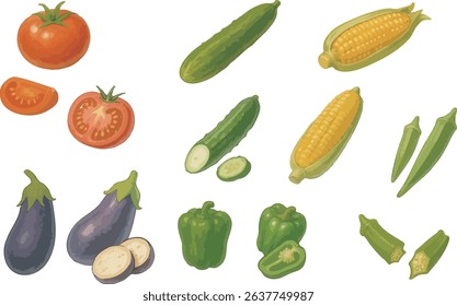A watercolor-style illustration set featuring popular summer vegetables including tomato, cucumber, corn, eggplant, bell pepper, and okra.