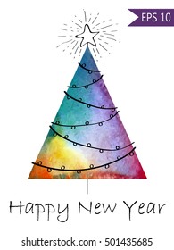 Watercolor-style isolated vector illustration of Christmas or New Year Tree. With hand-drawn elements . On white background grouped and isolated in vector Colorful