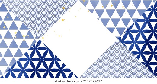 Watercolor-style Japanese pattern background illustration in indigo navy and gold square.
