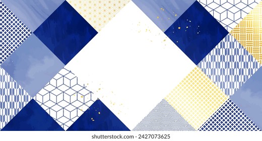 Watercolor-style Japanese pattern background illustration in indigo navy and gold square.
