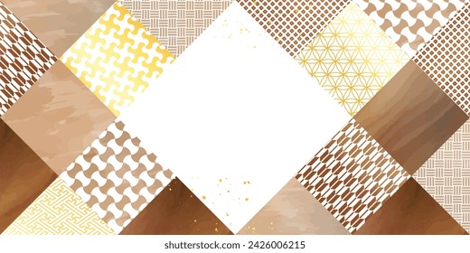 Watercolor-style Japanese pattern, brown and gold square background illustration