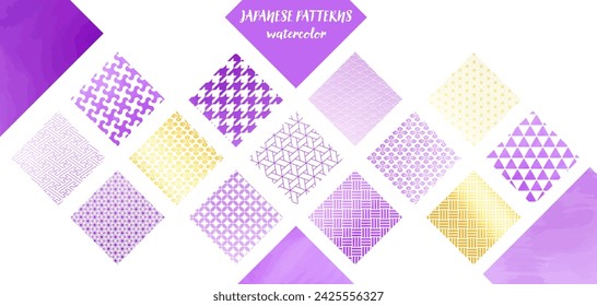 Watercolor-style Japanese pattern, purple and gold square material set
