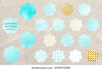 Watercolor-style Japanese Pattern, Snowflake Material Set_Light Blue
