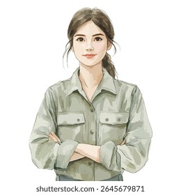 A watercolor-style portrait of a woman with brown hair, wearing a green button-up shirt, arms crossed, and a neutral expression.