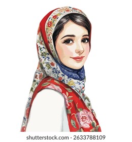 A watercolor-style portrait of a woman with dark hair, wearing a vibrant floral headscarf, and a gentle smile.