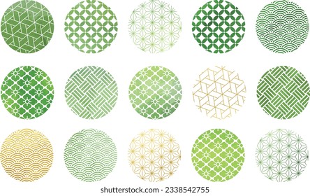 Watercolor-style set of circular green Japanese patterns.