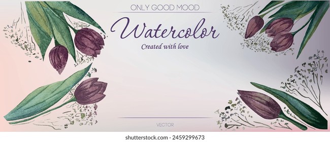 Watercolor-style set of spring flowers. Beautiful purple tulips. Flowers for invitations and cards decoration