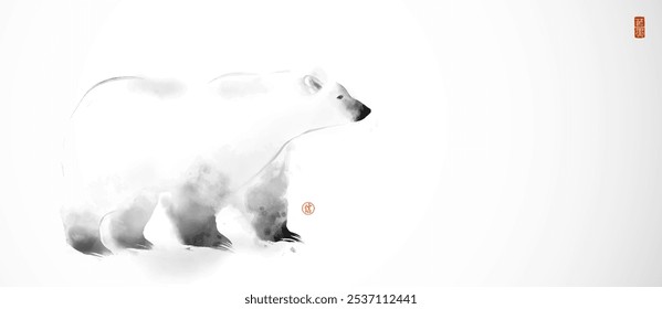 Ilustração sumi-e estilo aquarela de um urso polar, com tons suaves de preto e branco e traçados de pincel minimalistas. Tradicional tinta japonesa lavagem pintura sumi-e. Hieróglifo - acredito.