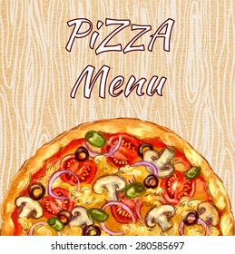 Watercolor-style vector hand drawn Vegetarian pizza on a wooden board.