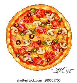 Watercolorstyle Vector Hand Drawn Vegetarian Pizza Stock Vector ...