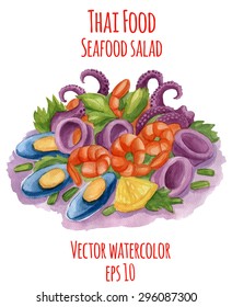 Watercolor-style vector illustration of Thai-food dish. Spicy seafood salad.