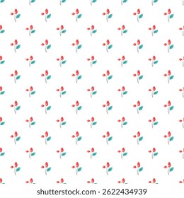 Watercolor-themed seamless pattern depicting red flowers with green leaves set on a white background, ideal for textile prints, packaging design, and graphic design projects.