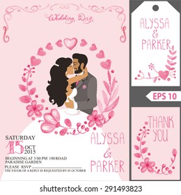 Watercolor.Wedding invitation design template.Pink floral wreath,wedding couple bribe and groom.Flowers, branches,swirling border decor.Fashion Vector,vintage invitation,tag,save date card