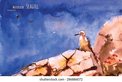 Watercolour background with gull banner, vector illustration