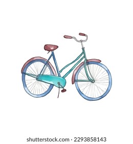 Watercolour bicycle isolated on white background. Bike icon, watercolour sticker for wall art