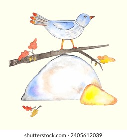 Watercolour bird balancing on a stone and a branch. 