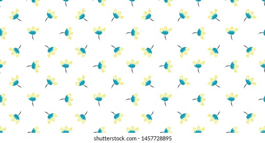  Watercolour blue and yellow flowers over light background - Simple little floral seamless pattern wallpaper or fabric - Vector