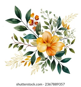 Watercolour botanical composition with orange flowers, foilage and golden elements. Autumn Bouquet isolated. Botanical print, poster, wall art