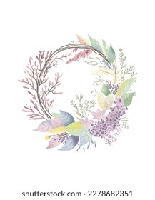 Watercolour botanical wedding frame element on white background. circle shape, flowers, eucalyptus, leaf branches. Elegant foliage design for wedding, card, invitation, greeting.