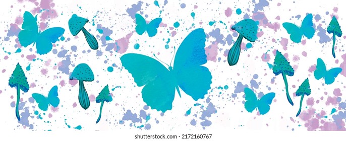 Watercolour butterfly, mushroom, splash. Vector seamless pattern, wallpaper.