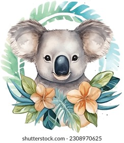 Watercolour cartoon koala tropical animal illustration