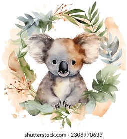 Watercolour cartoon koala tropical animal illustration