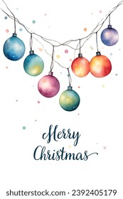Watercolour Christmas lights. Bright bulbs for New Year decor. ready made Christmas card design 