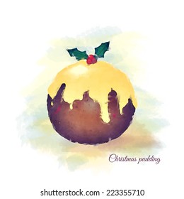Watercolour of a Christmas pudding, topped with brandy butter and a sprig of holly. EPS10 vector format