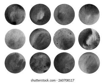 Watercolour Circle Textures. Mega-useful Pack For You To Drag And Drop Onto Your Designs. Dark Color Gray Vector Illustration. 