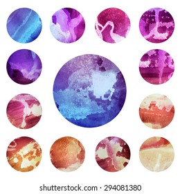 Watercolour circle vector textures. Mega-useful pack for  your designs. Perfect for branding, greetings, websites,  merchandise designs and so much more. Bright purple color  illustration.