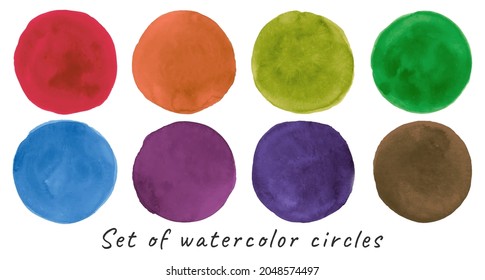 Watercolour circles collection. Ink splash design. Grunge blots texture. Art circles painted on paper. Vector circular spots background. Set of colorful stains. Brush stroke circles.