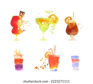 Watercolour Cocktail Poured in Glass with Straw as Summer Refreshing Drinks Vector Set