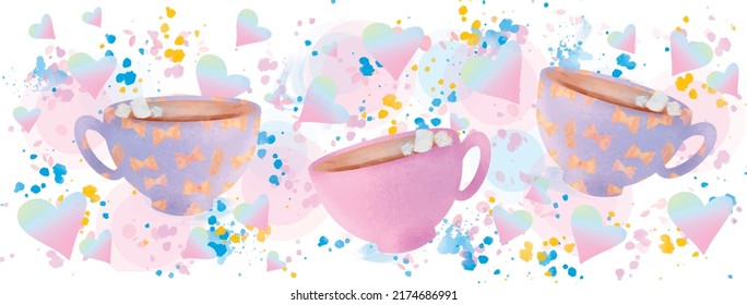 Watercolour Coffee cup with hearts vector illustration, splash background.